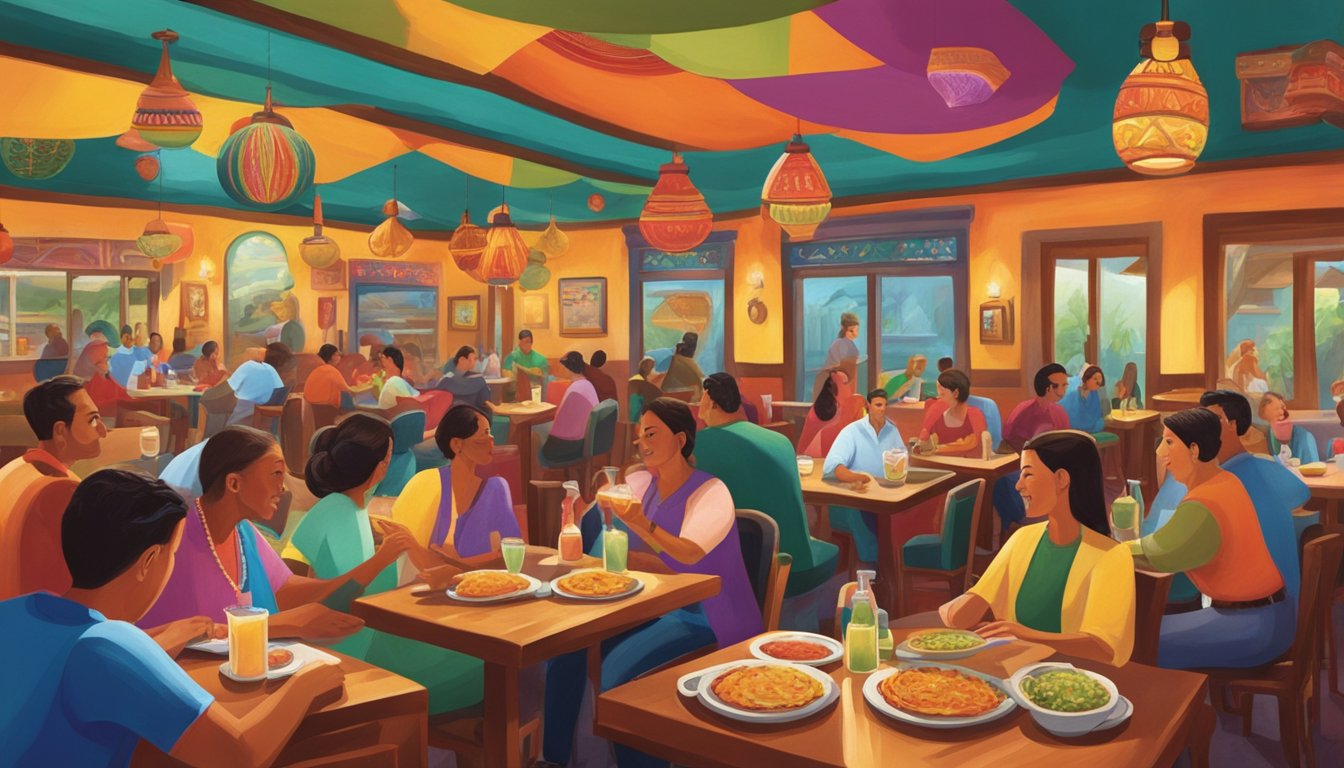 A bustling Tex-Mex restaurant with colorful decor, sizzling fajitas, and steaming enchiladas served on vibrant plates. Patrons enjoy margaritas and lively conversation amid the festive atmosphere