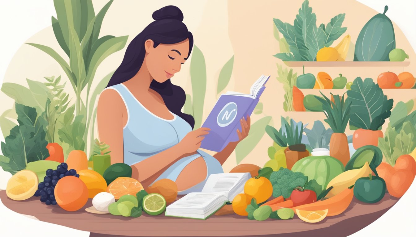 A pregnant woman reading a book on the Noom diet while surrounded by healthy food and prenatal vitamins