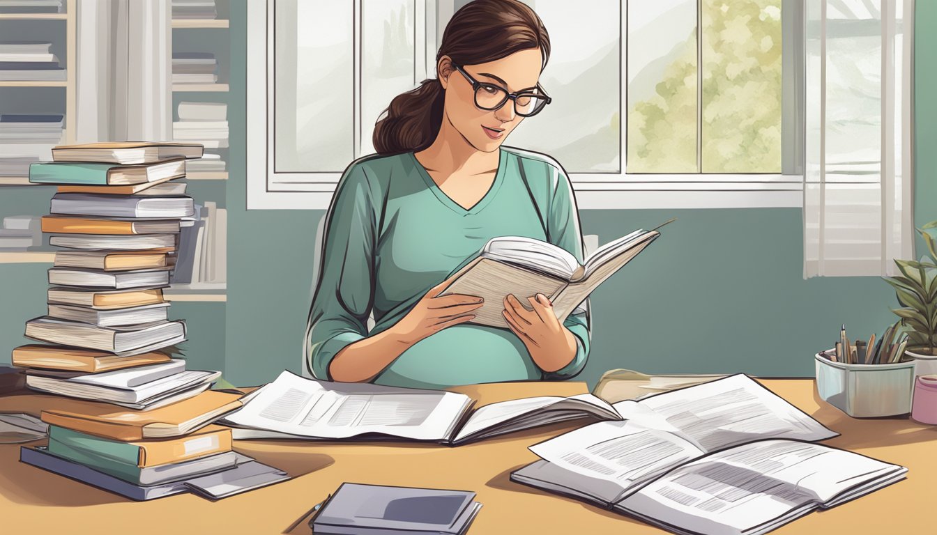 A pregnant woman reading a book on the DASH diet with a stack of research papers and medical journals next to her