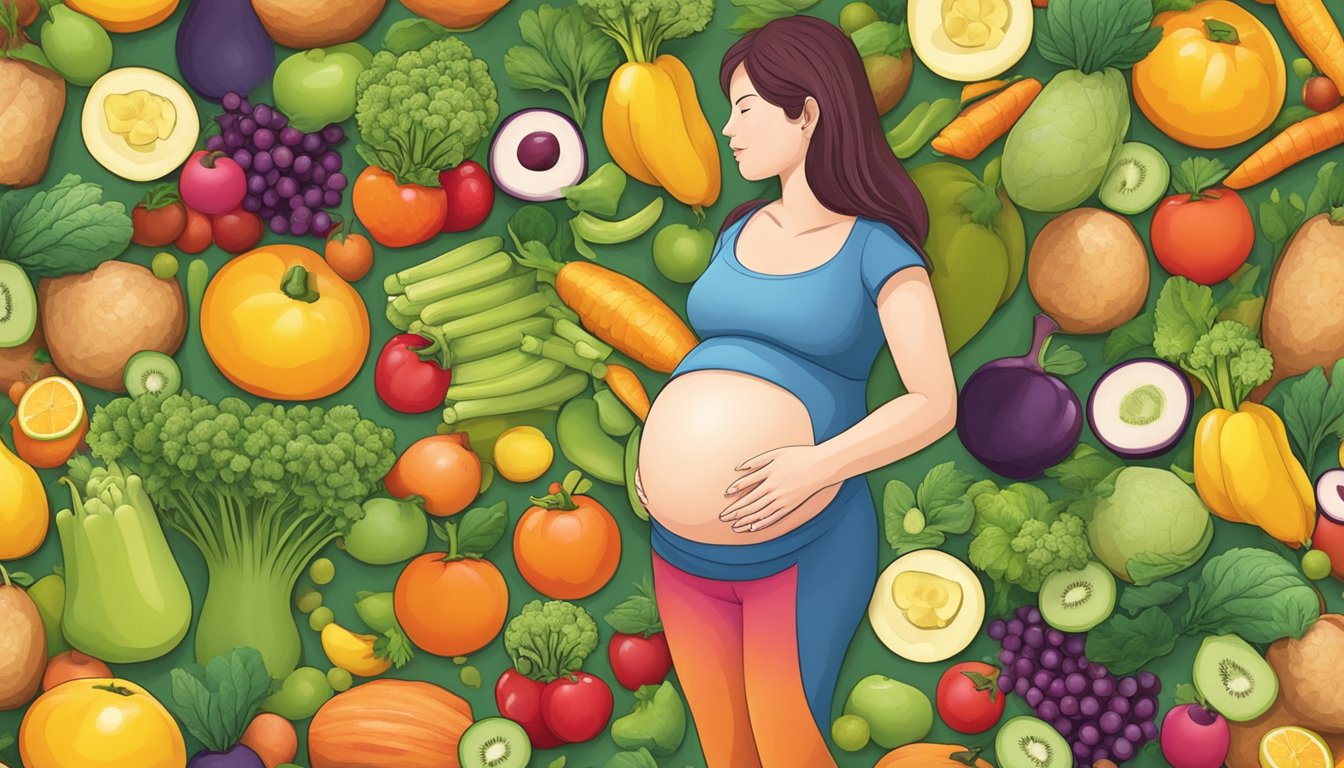 A pregnant woman surrounded by a variety of colorful fruits and vegetables, with a focus on whole, unprocessed foods