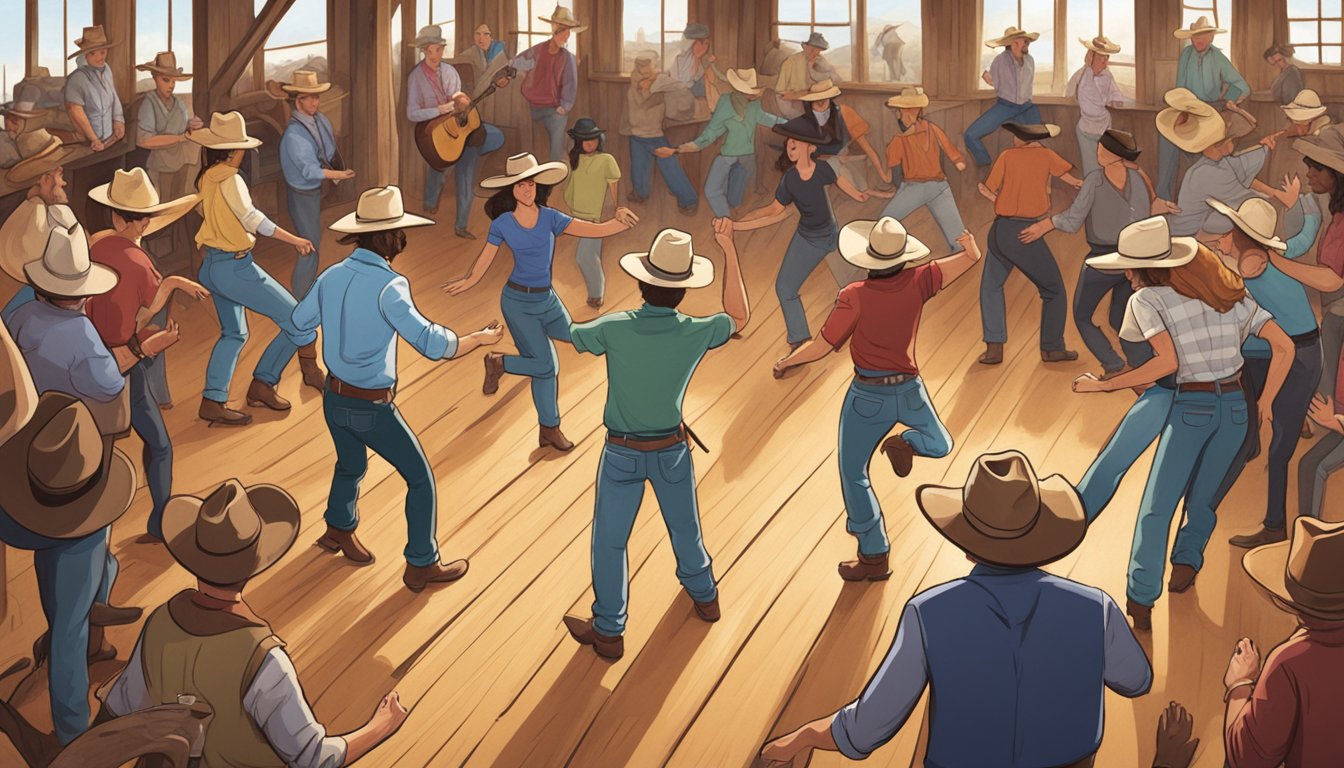 A group of people are gathered in a barn-like setting, dancing in synchronized movements to country music, with cowboy hats and boots scattered around the room