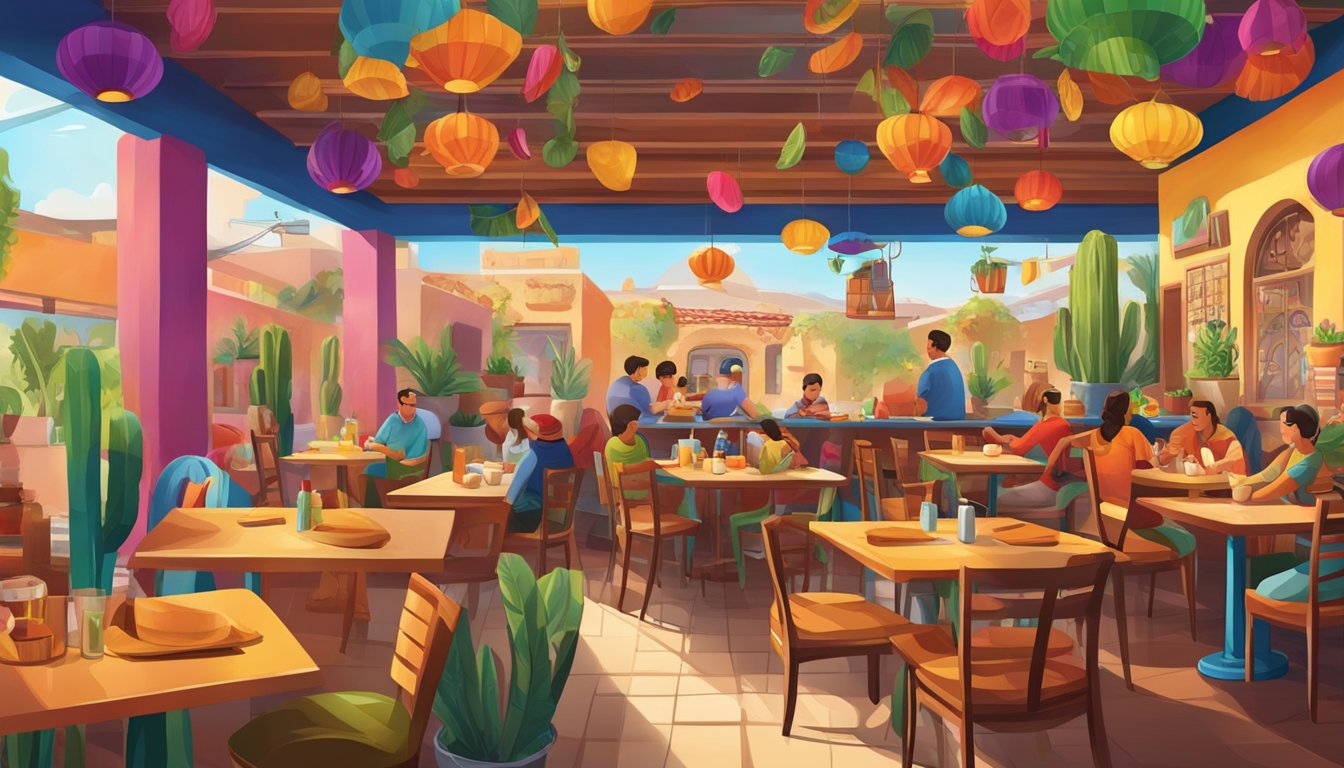 A vibrant and bustling Mexican restaurant with colorful decor, lively music, and delicious aromas wafting from the kitchen