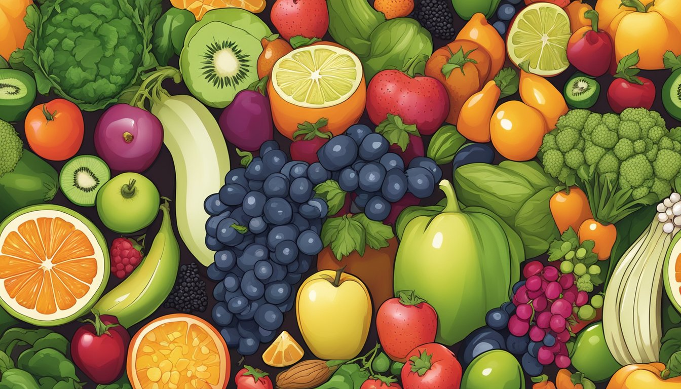 A colorful array of fruits, vegetables, grains, and proteins arranged in a balanced and appealing composition