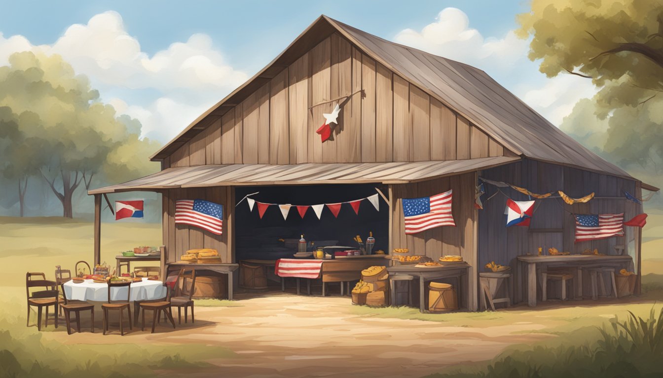 A rustic barn adorned with Texas flags, cowboy hats, and horseshoes. A wooden sign reads "Texas Party" above a table of BBQ and cowboy boots