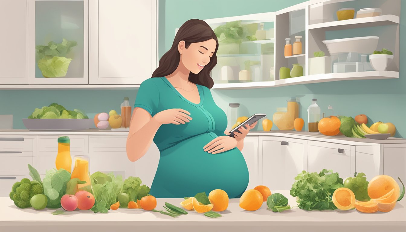 A pregnant woman using a smartphone to research personalized nutrition and the safety of the Noom diet during pregnancy