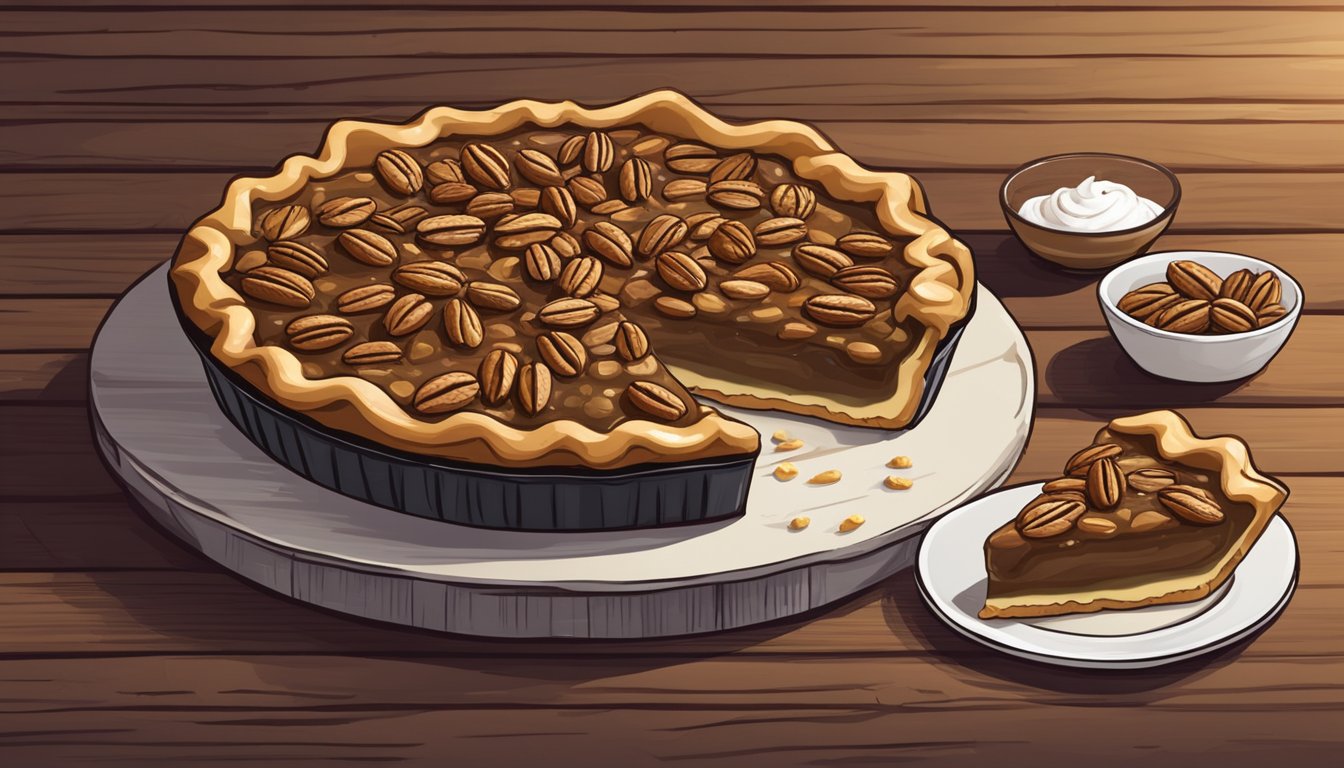 A golden pecan pie sits on a rustic wooden table, surrounded by a dollop of whipped cream and a few scattered pecans