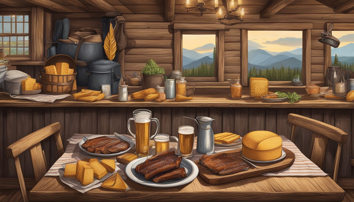 A rustic table set with BBQ ribs, cornbread, and cowboy hats. A rodeo poster hangs on the wall