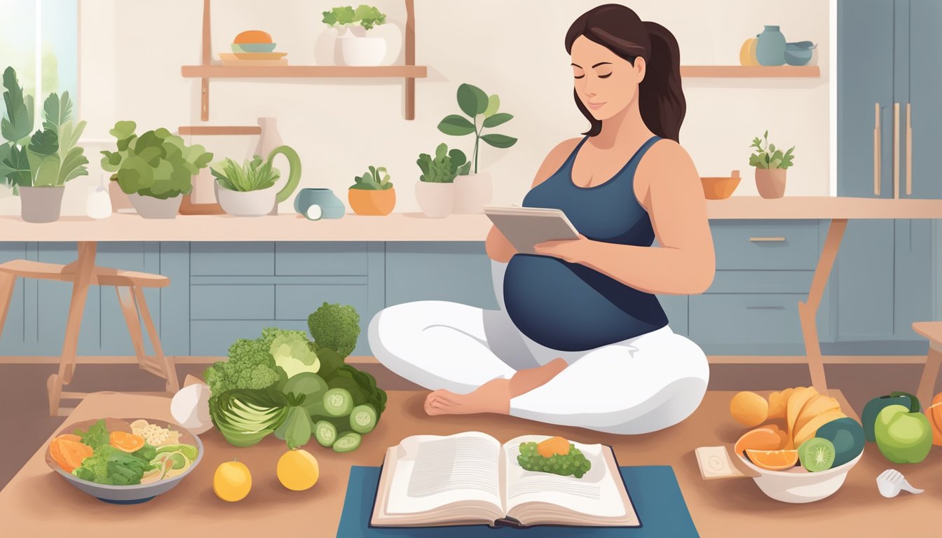 A pregnant woman doing prenatal yoga while holding a noom diet book and surrounded by healthy food and exercise equipment