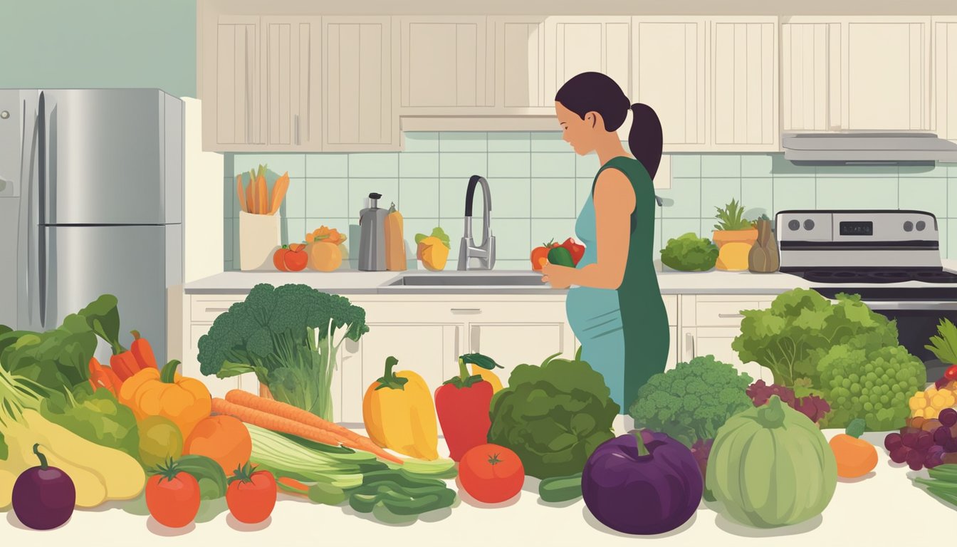 A variety of fresh fruits and vegetables arranged on a clean, well-lit kitchen counter, with a pregnant woman's silhouette in the background