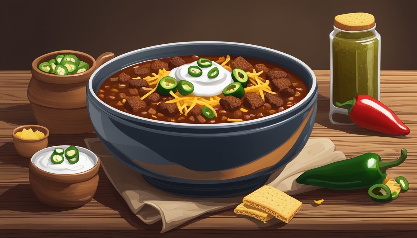 A steaming bowl of chili con carne surrounded by cornbread, jalapenos, and a dollop of sour cream on a rustic wooden table