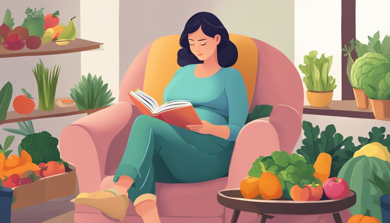 A pregnant woman reading a book titled "Noom Diet" while sitting in a cozy chair surrounded by healthy fruits and vegetables