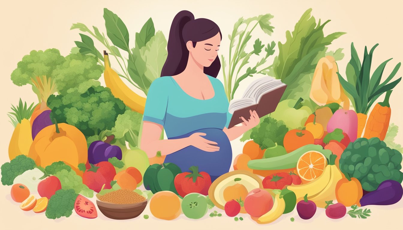 A pregnant woman researching the flexitarian diet, surrounded by colorful fruits, vegetables, and grains, with a book open to a page about pregnancy and nutrition