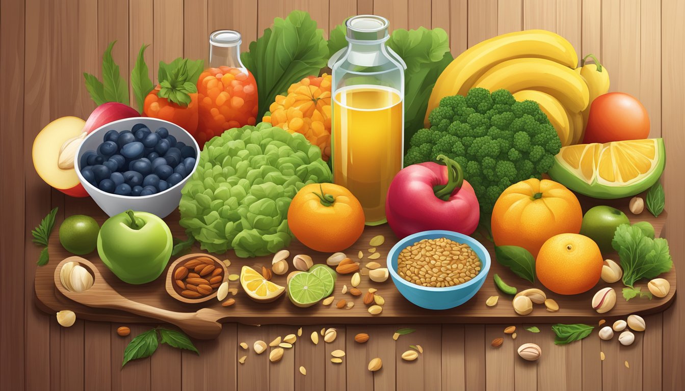 A colorful array of fresh fruits, vegetables, nuts, and seeds arranged on a wooden cutting board, surrounded by a glass of water and a measuring cup of grains