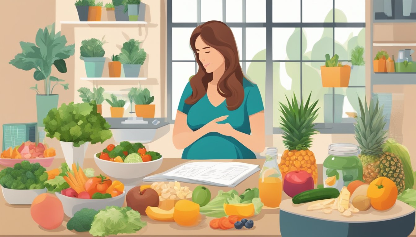 A pregnant woman consulting with a nutritionist, surrounded by charts and healthy food options