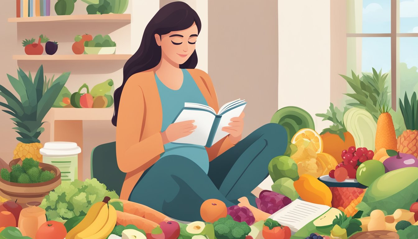 A pregnant woman reading a book on the Noom diet while surrounded by a variety of healthy food options such as fruits, vegetables, and lean protein