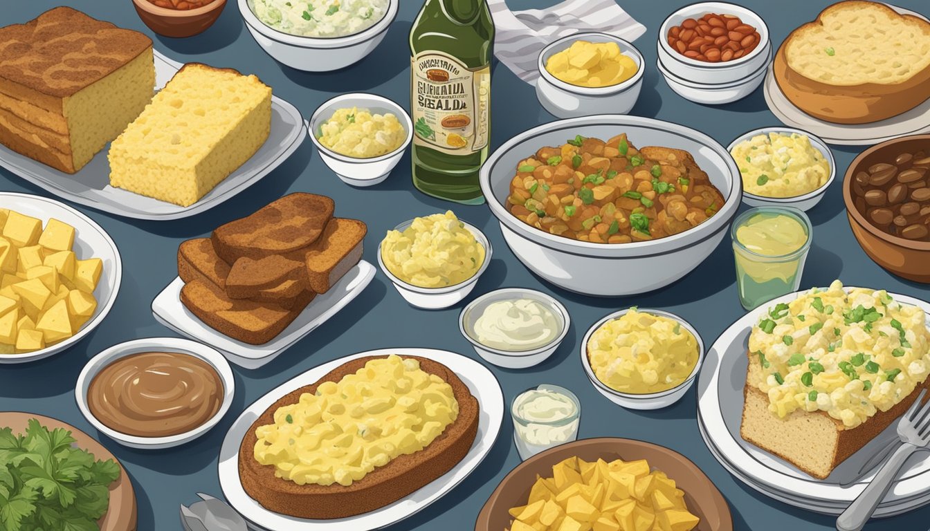 A picnic table with a bowl of potato salad surrounded by other Texas comfort foods like barbecue and cornbread