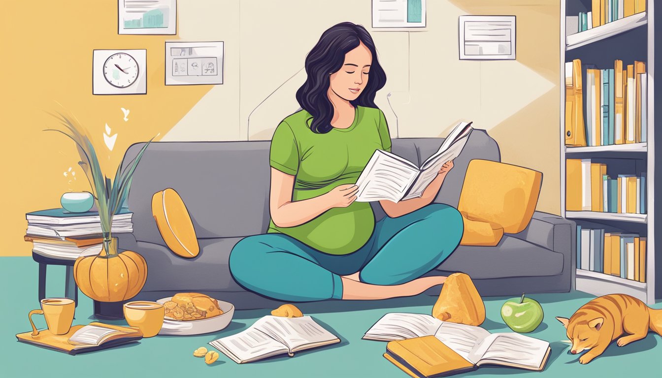 A pregnant woman reading a book on the Noom diet, surrounded by caution signs and question marks