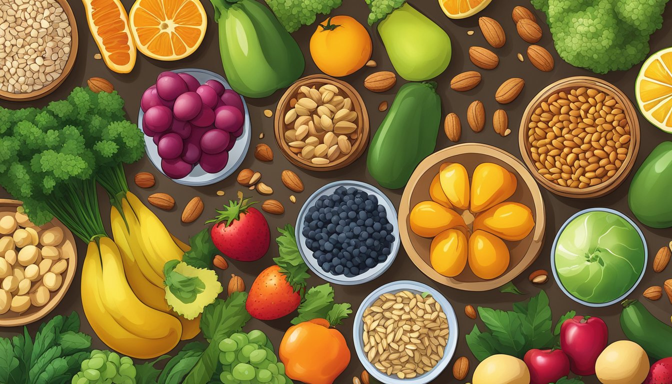 A colorful array of fruits, vegetables, grains, and legumes arranged on a table, with a variety of nuts and seeds spread out alongside