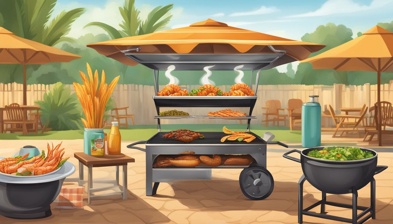 A sizzling grill with shrimp and taco ingredients, surrounded by Texas-inspired cookout decor and a warm, inviting atmosphere