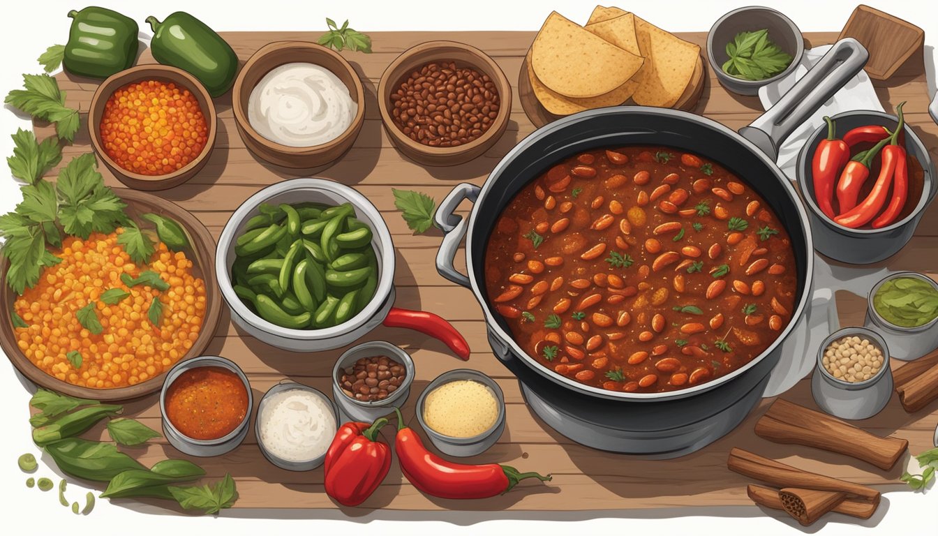 A rustic outdoor cookout with pots of chili simmering over open flames, surrounded by Texas-inspired ingredients like beans, peppers, and spices