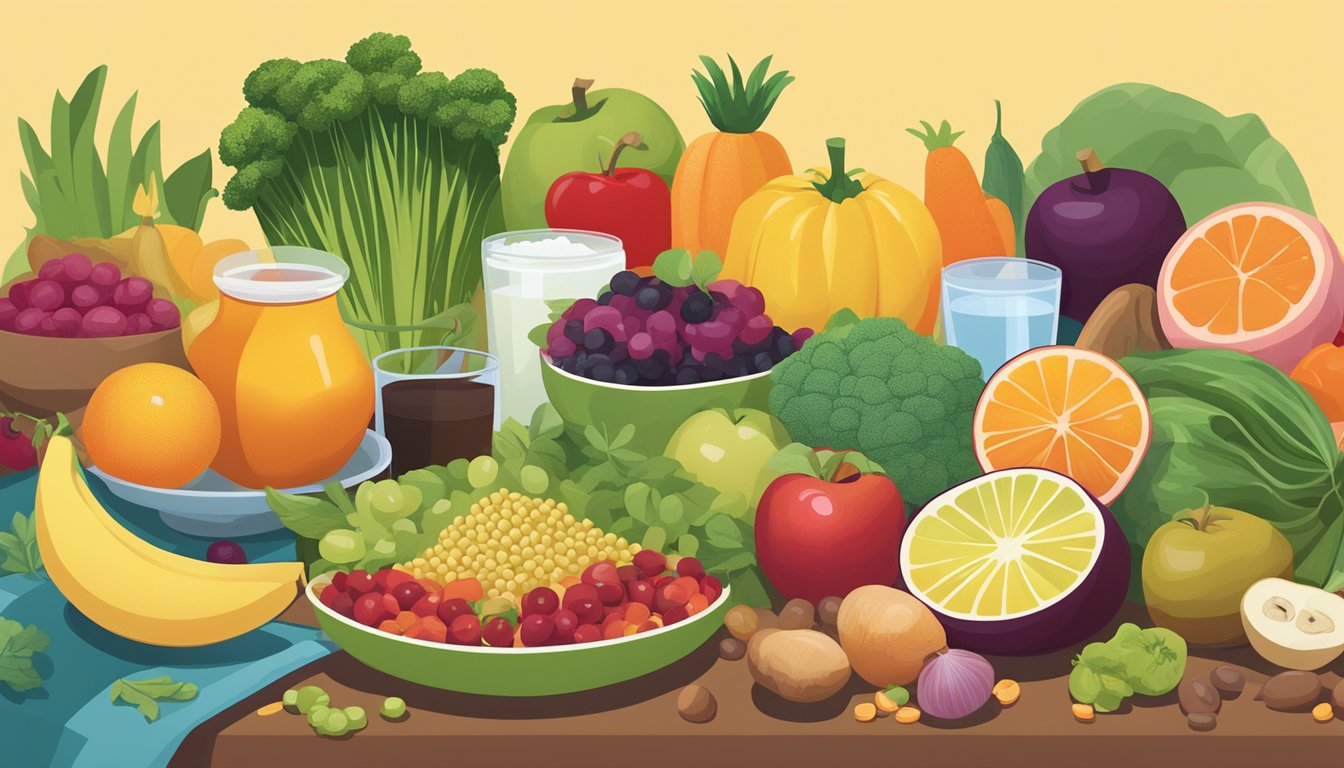 A vibrant array of fruits, vegetables, grains, and legumes arranged on a table, surrounded by prenatal vitamins and a glass of water