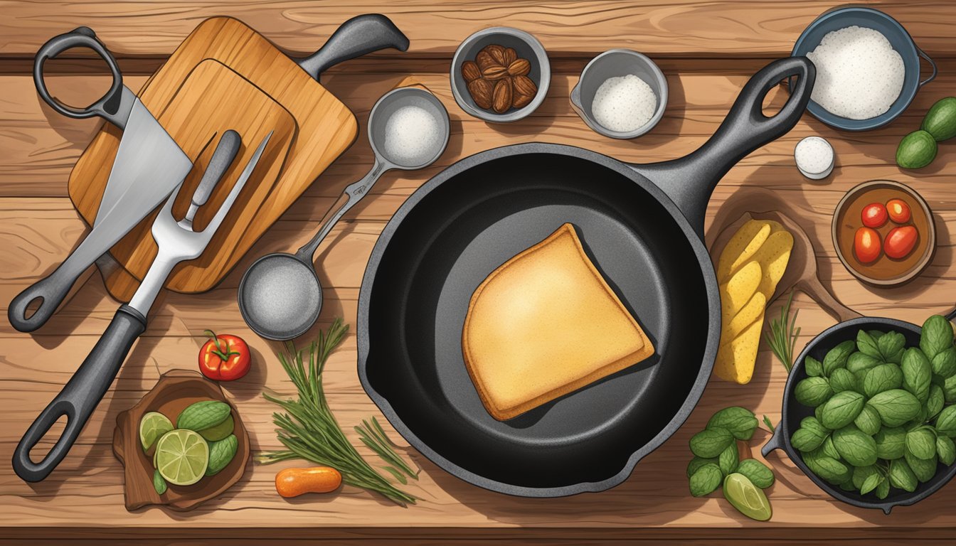 A cast iron skillet surrounded by essential Texas cooking tools on a rustic kitchen countertop