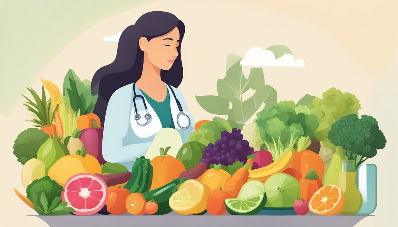 A pregnant woman surrounded by a variety of fresh fruits, vegetables, and plant-based proteins, with a doctor or nutritionist providing guidance