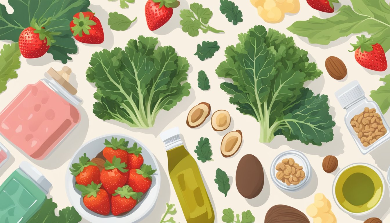 A table filled with colorful, nutrient-rich foods like kale, strawberries, and walnuts, surrounded by pregnancy-safe supplements and a prenatal vitamin bottle