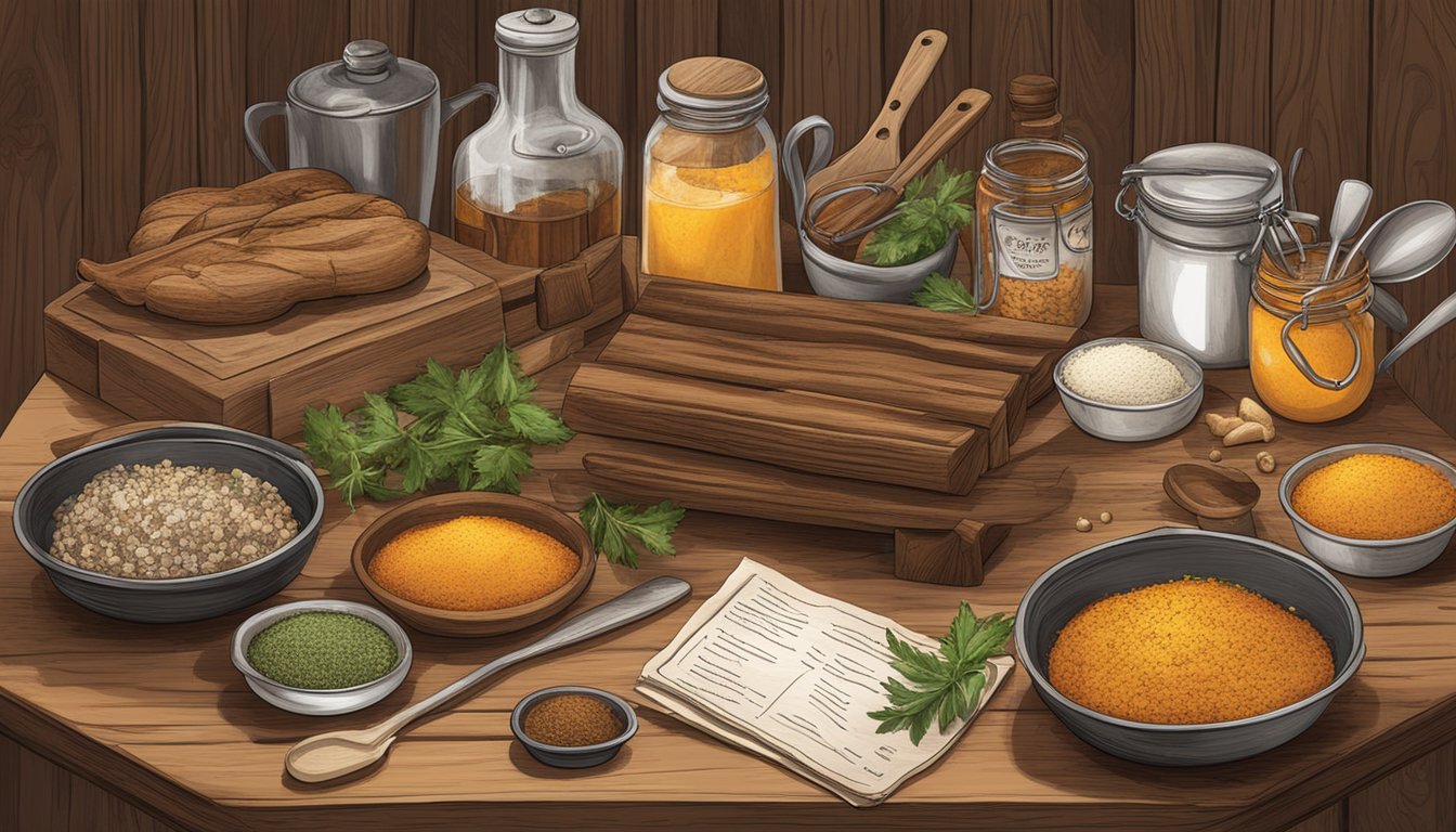 A rustic wooden table adorned with ingredients and spices, surrounded by grilling utensils and Texas-themed recipe cards