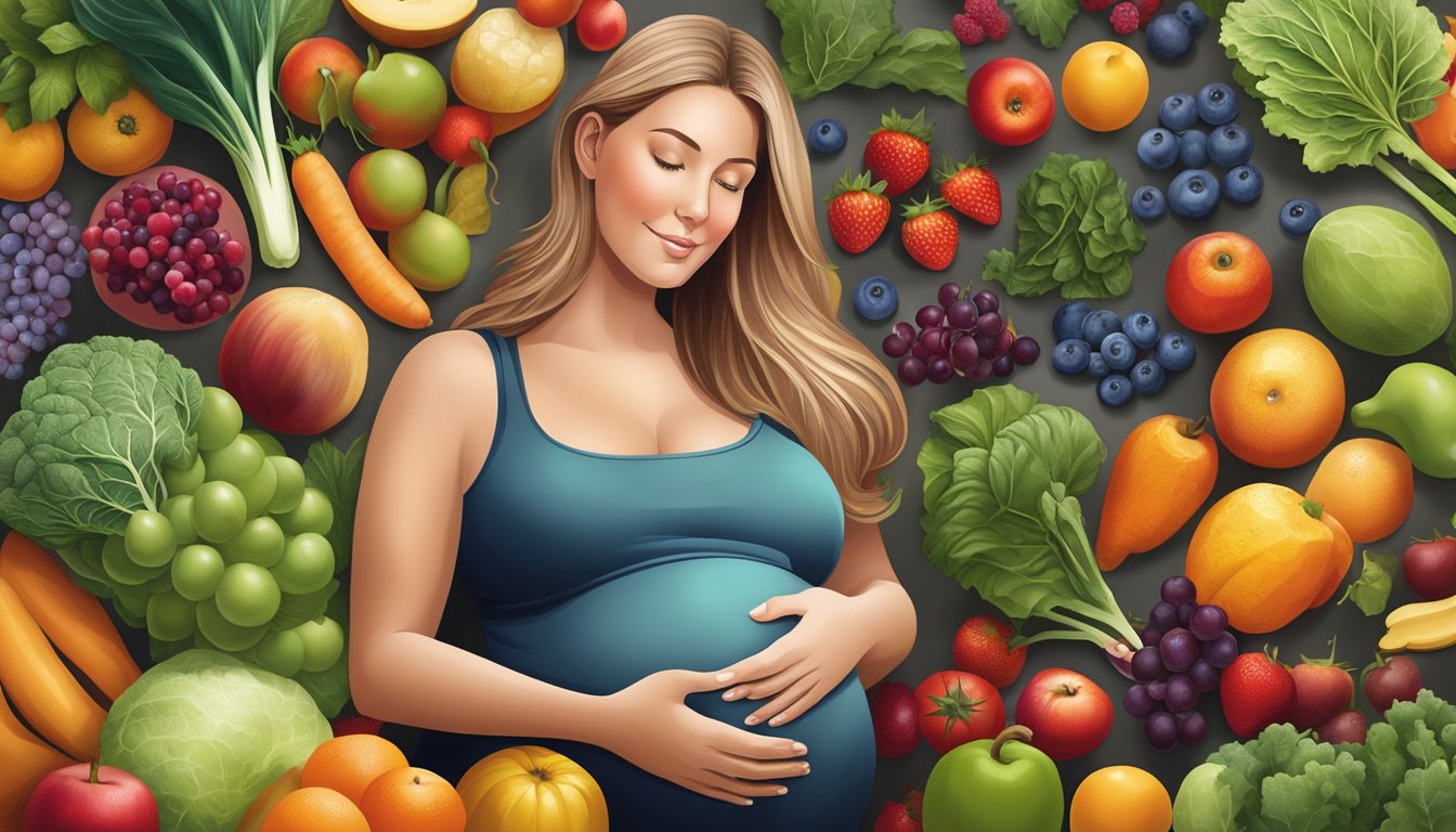 A pregnant woman surrounded by a variety of colorful, nutrient-rich fruits and vegetables, with a focus on leafy greens and berries