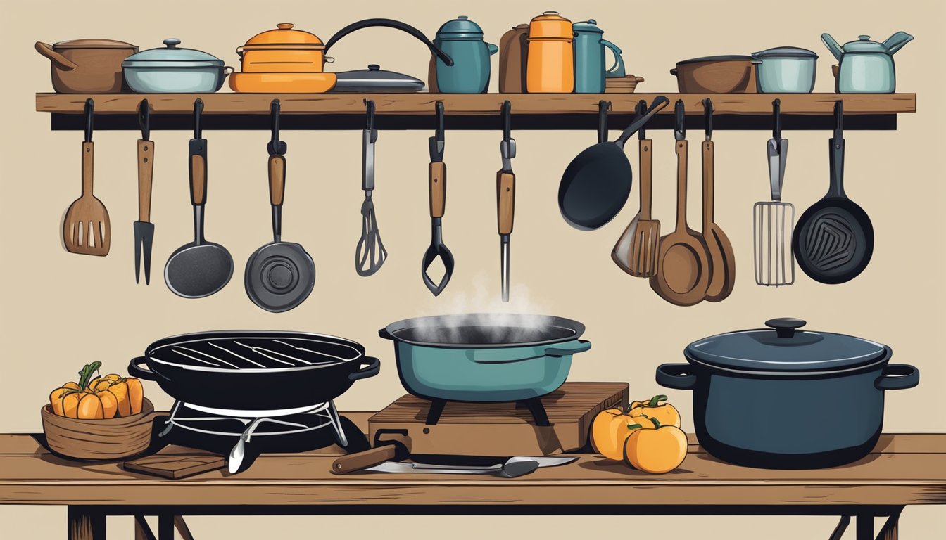 A rustic kitchen counter with a set of essential Texas cooking tools, including a Dutch oven, cast iron skillet, and BBQ tongs