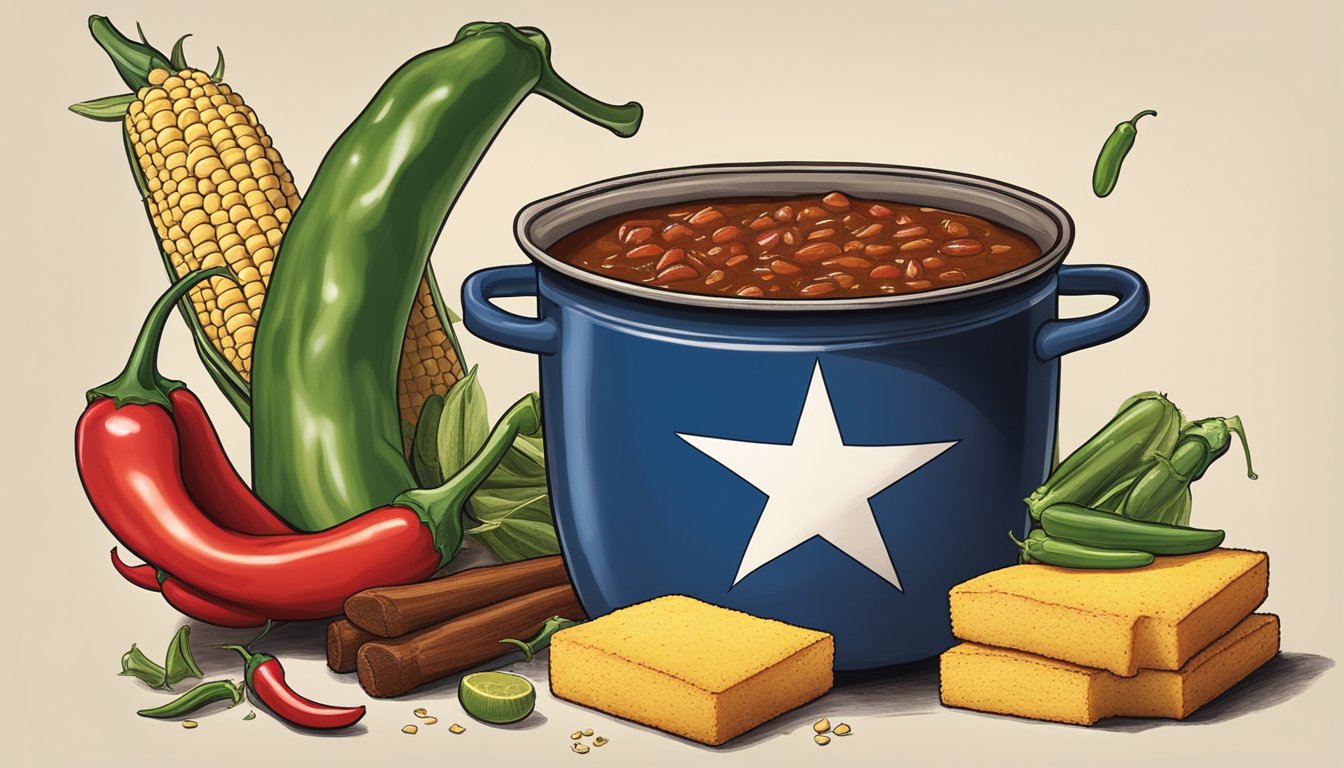 A steaming pot of Texas chili surrounded by cornbread, jalapenos, and a lone star flag