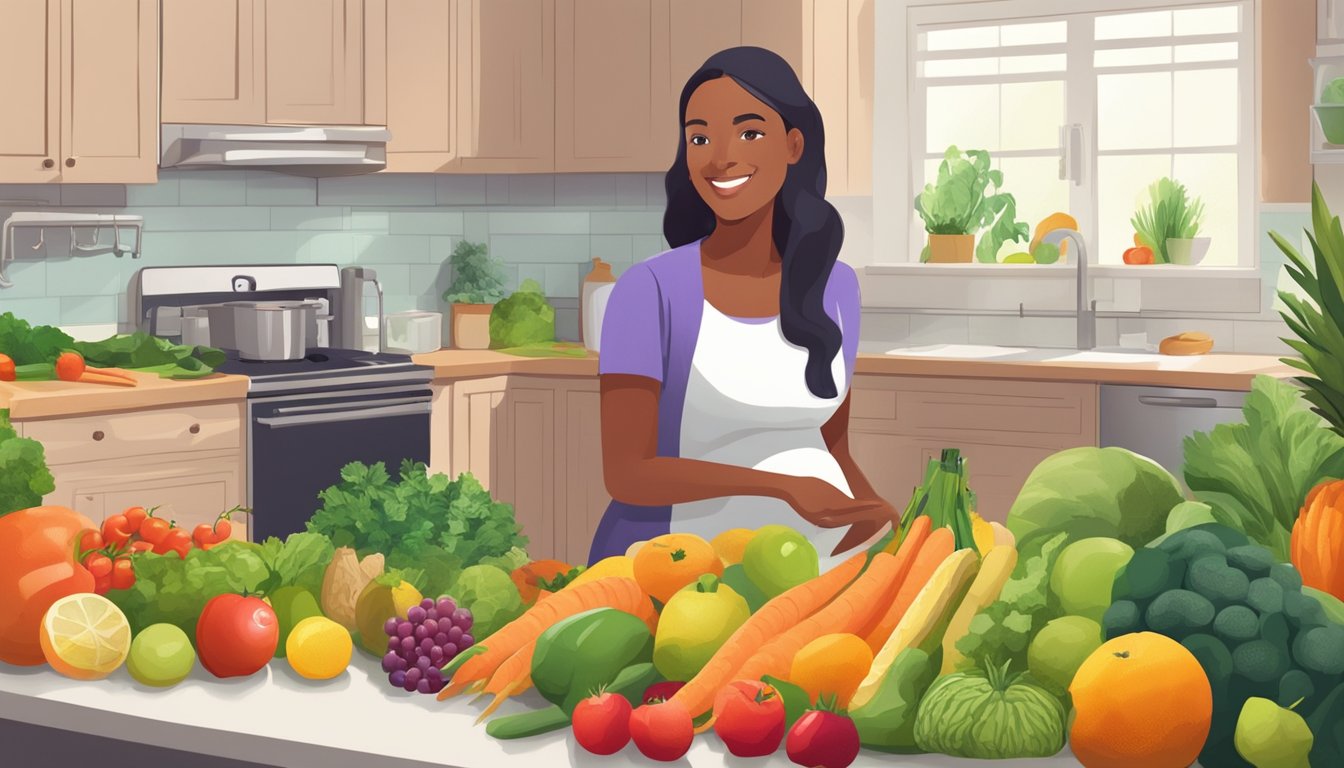 A colorful array of sirtfood diet-friendly fruits and vegetables arranged on a kitchen counter, with a pregnant woman consulting a nutritionist in the background