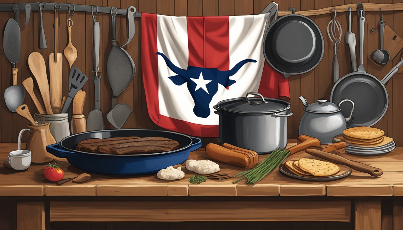 A Texas flag apron draped over a rustic kitchen counter, surrounded by essential Texas cooking tools including a cast iron skillet, BBQ tongs, and a cowboy hat oven mitt