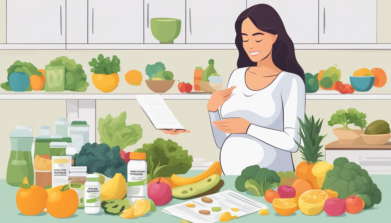 A pregnant woman researching the Sirtfood diet, surrounded by prenatal vitamins and a list of safe foods