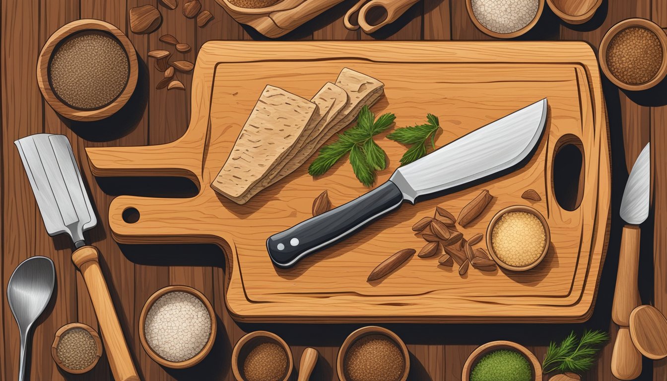 A rustic wooden cutting board with a pile of mesquite wood chips surrounded by essential Texas cooking tools