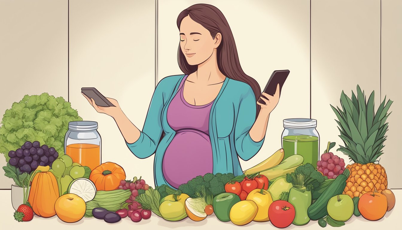 A pregnant woman researching sirtfood diet, surrounded by various fruits, vegetables, and nutritional supplements