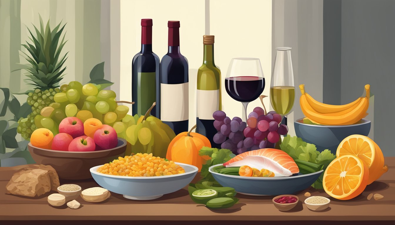 A table set with a variety of colorful fruits, vegetables, whole grains, and fish, with a bottle of olive oil and a glass of red wine