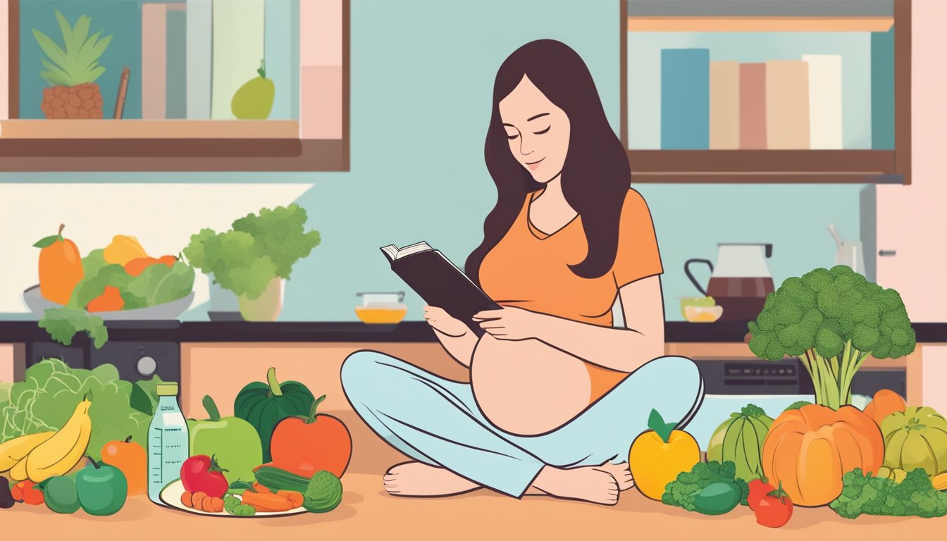 A pregnant woman reading a book on the Sirtfood diet, surrounded by fruits, vegetables, and a prenatal vitamin bottle