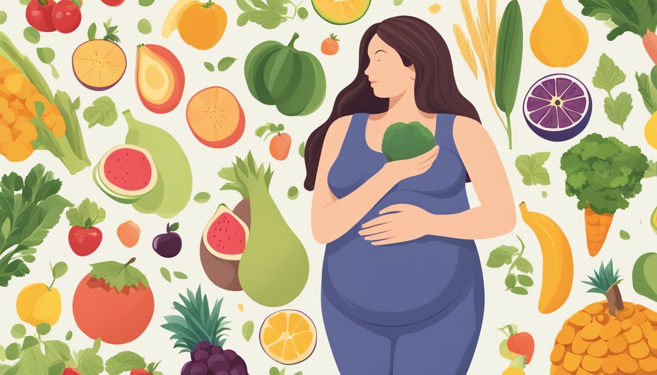 A pregnant woman surrounded by a variety of colorful fruits, vegetables, and whole grains, with a glass of water nearby