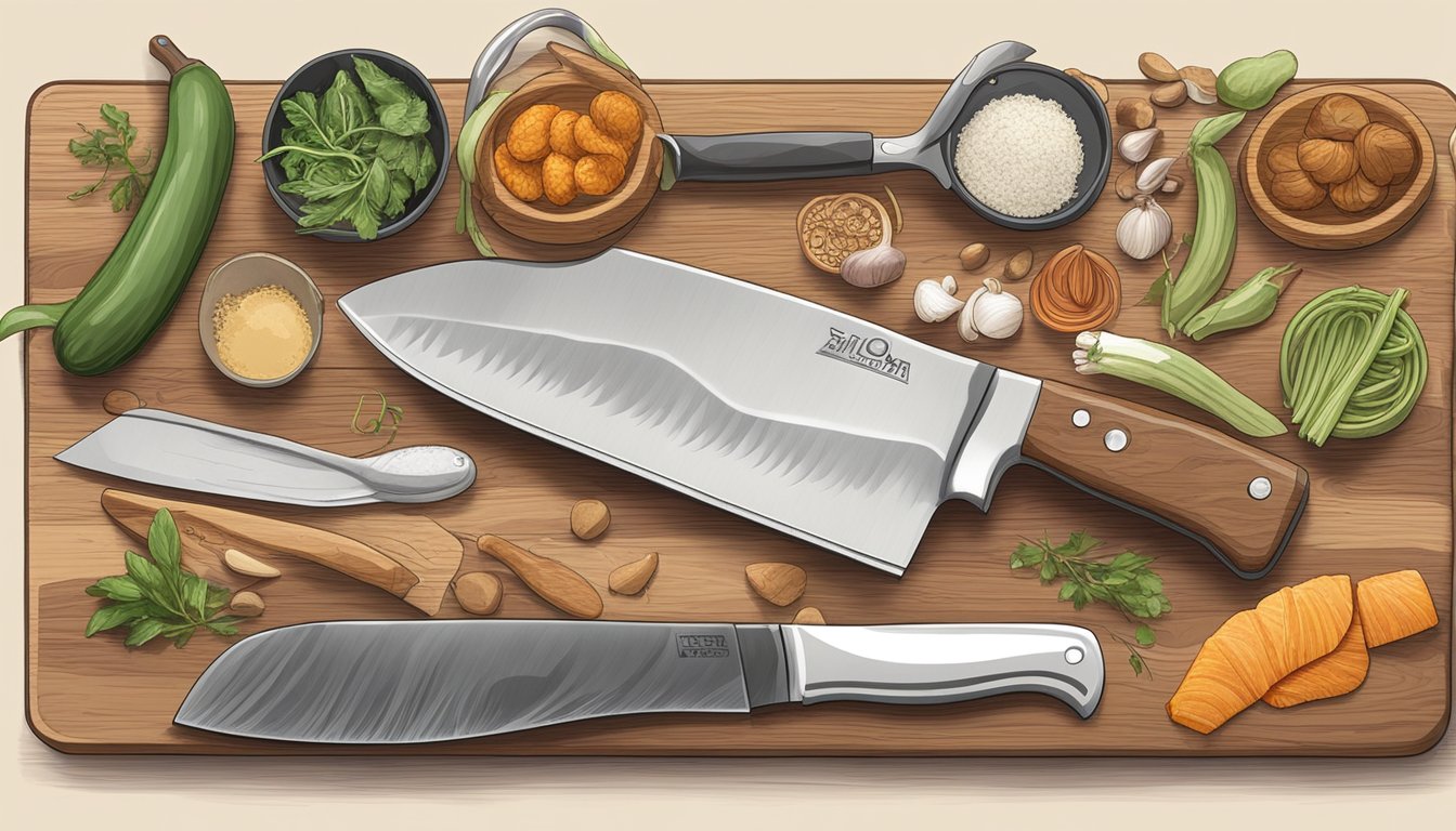 A forged chef's knife surrounded by 8 essential Texas cooking tools on a wooden cutting board