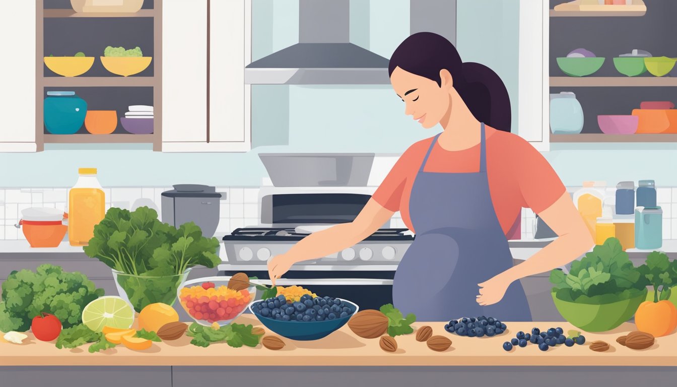 A pregnant woman preparing and enjoying a variety of colorful and nutritious sirtfood diet ingredients, such as kale, blueberries, and walnuts, in her kitchen