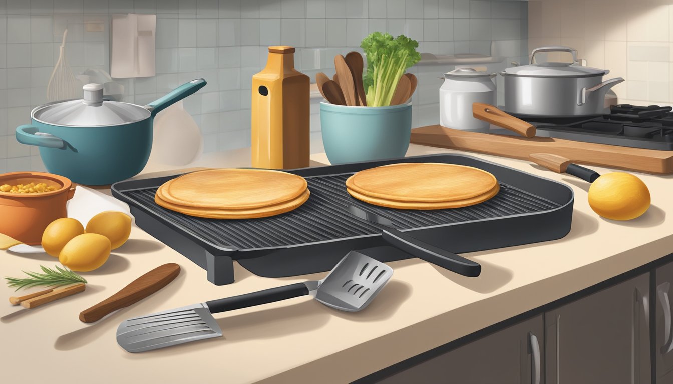 A comal griddle surrounded by essential Texas cooking tools on a kitchen countertop