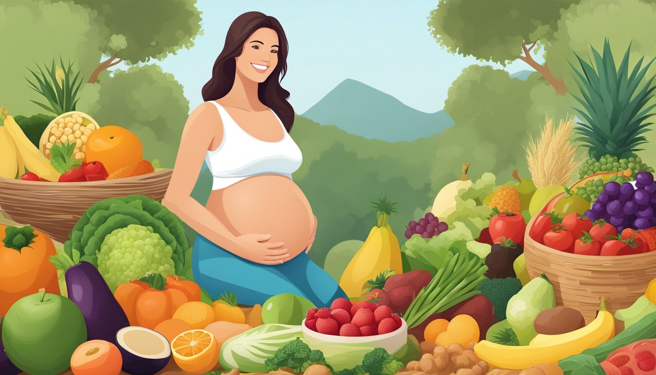 A pregnant woman surrounded by a variety of fresh fruits, vegetables, whole grains, and lean proteins commonly found in the Mediterranean diet