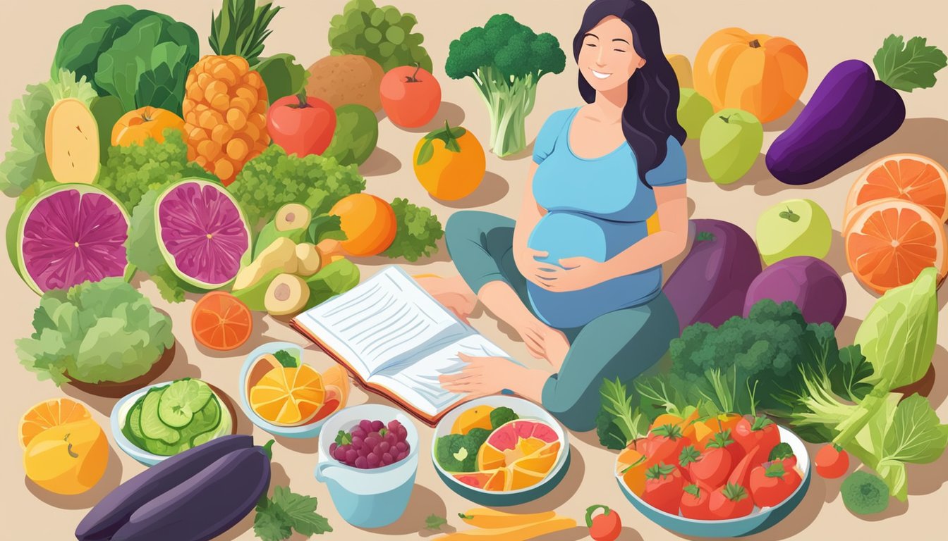 A pregnant woman surrounded by colorful fruits, vegetables, and lean proteins, with a book about the paleo diet open on a table