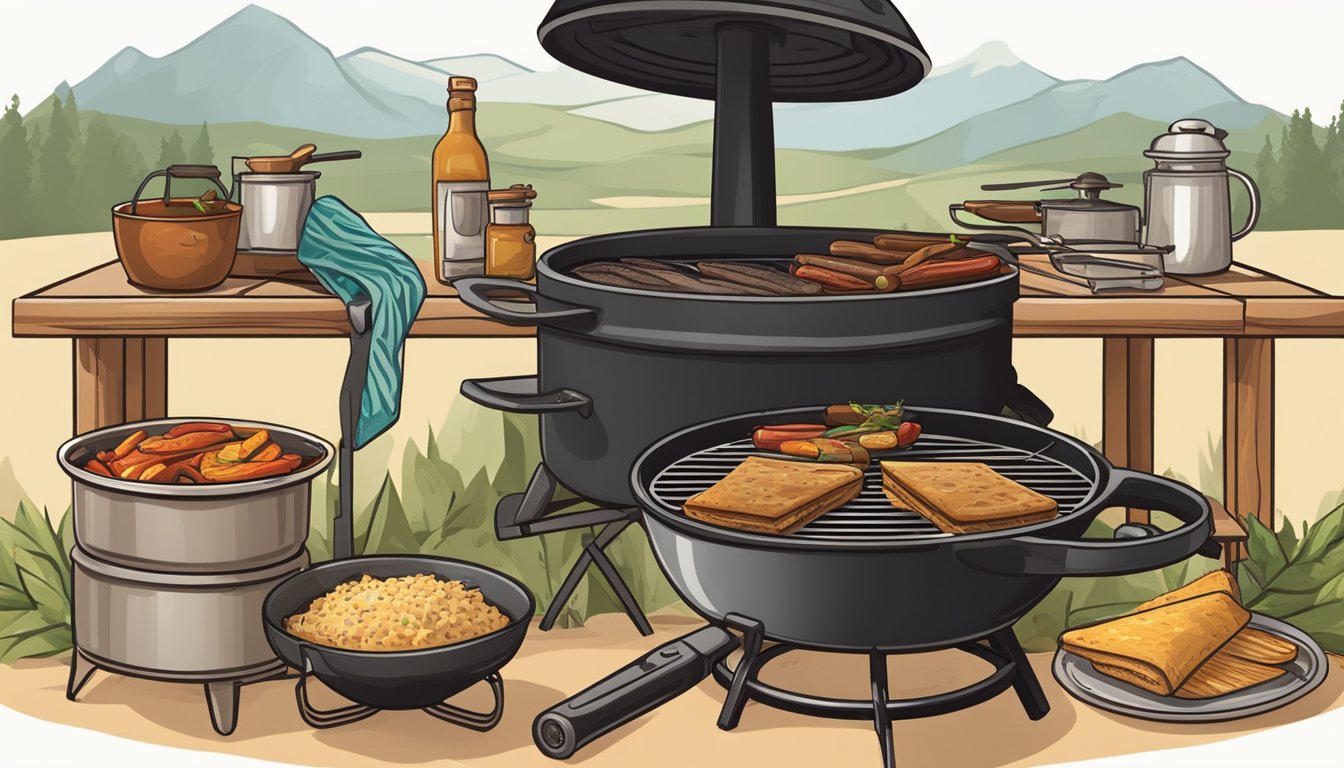 A kitchen counter with a cast-iron skillet, barbecue tongs, a smoker, a tortilla press, a Dutch oven, a chili pot, a tamale steamer, and a cowboy campfire grill