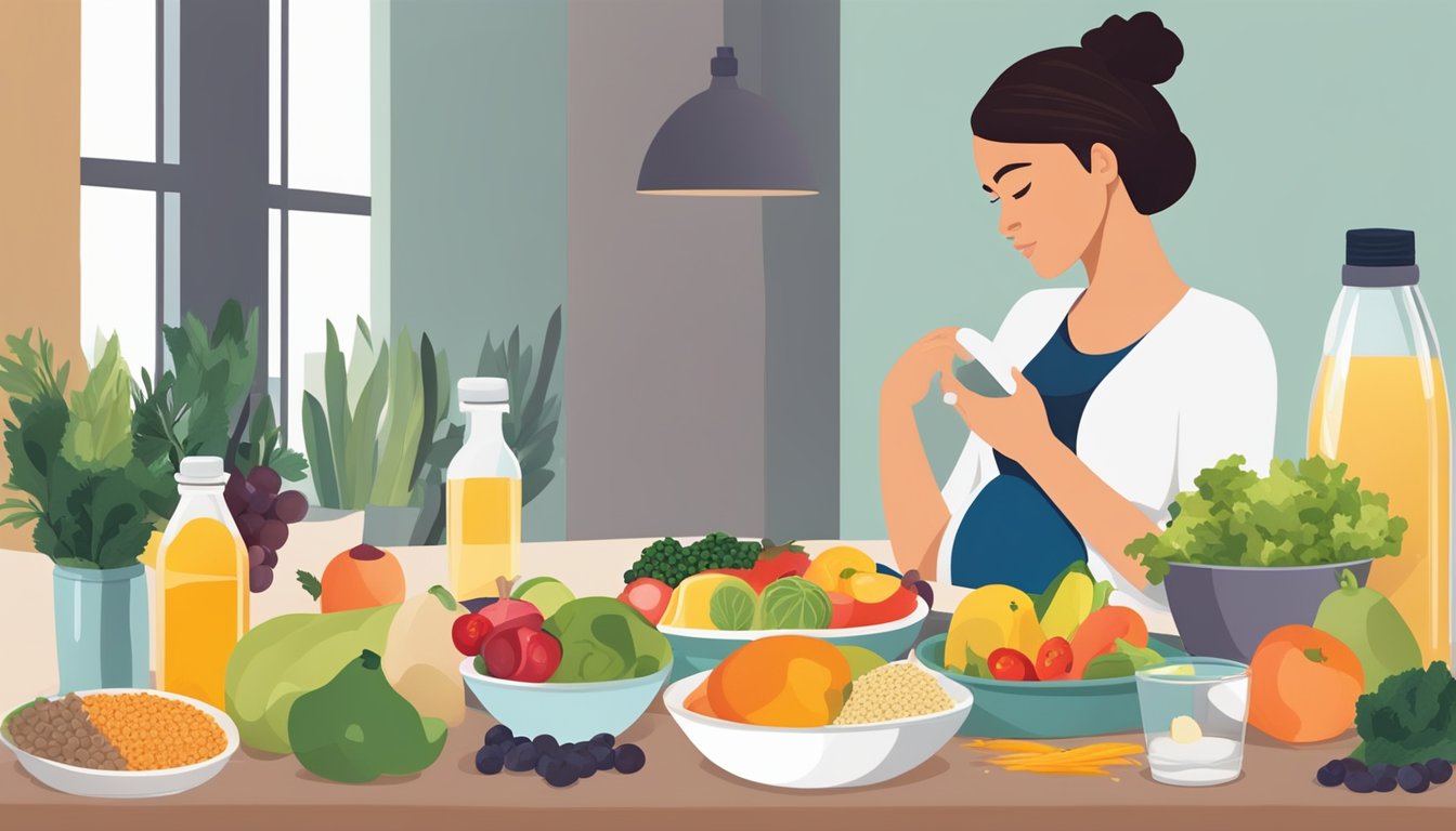 A pregnant woman sitting at a table filled with colorful fruits, vegetables, whole grains, and lean proteins, with a bottle of olive oil and a glass of water nearby