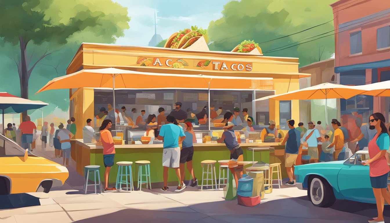 A colorful outdoor scene with a bustling taco stand surrounded by people enjoying breakfast tacos in Austin, Texas