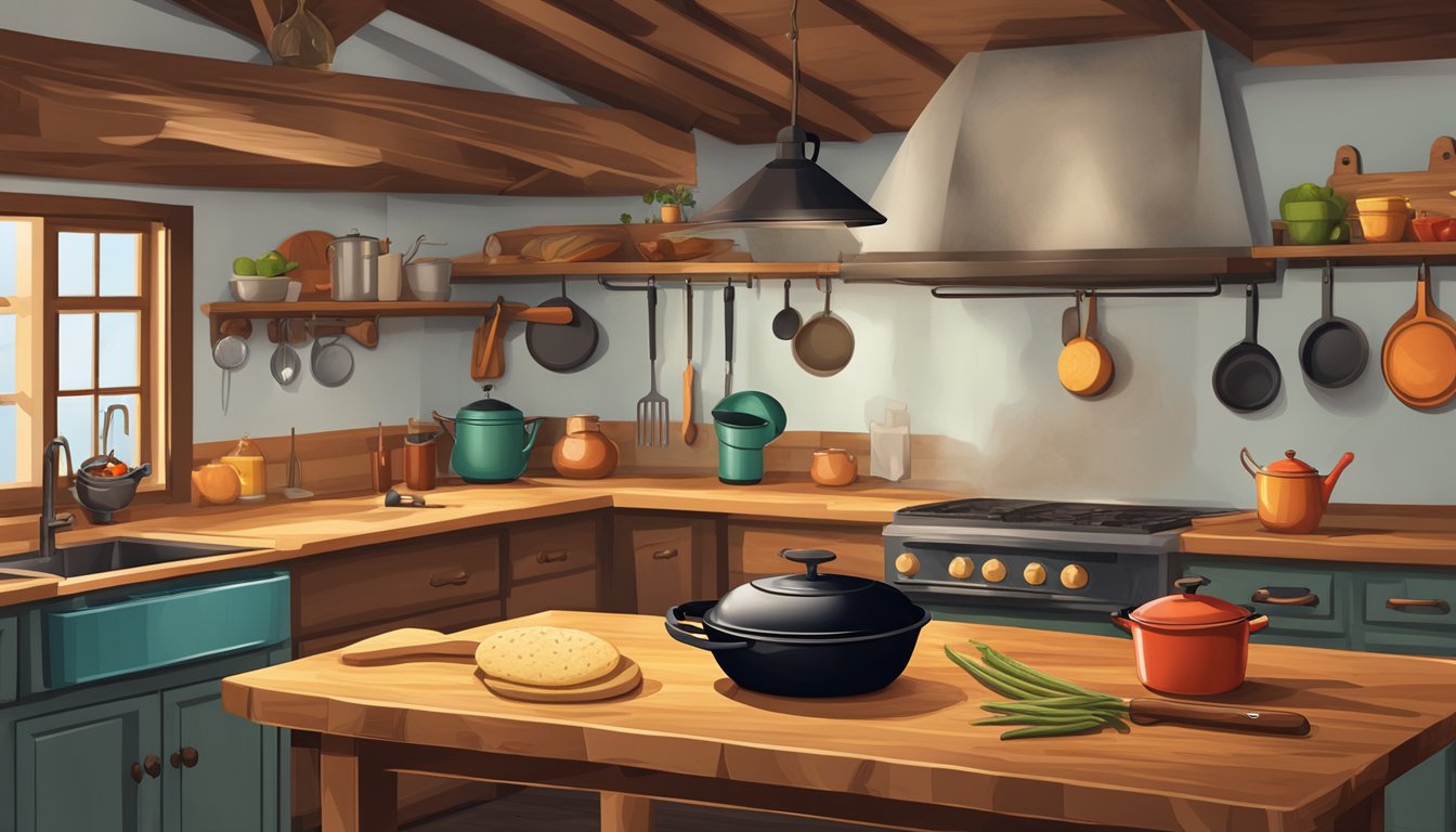 A rustic kitchen with a cast iron skillet, BBQ smoker, meat cleaver, tortilla press, chili pot, wooden cutting board, and cowboy hat hanging on the wall