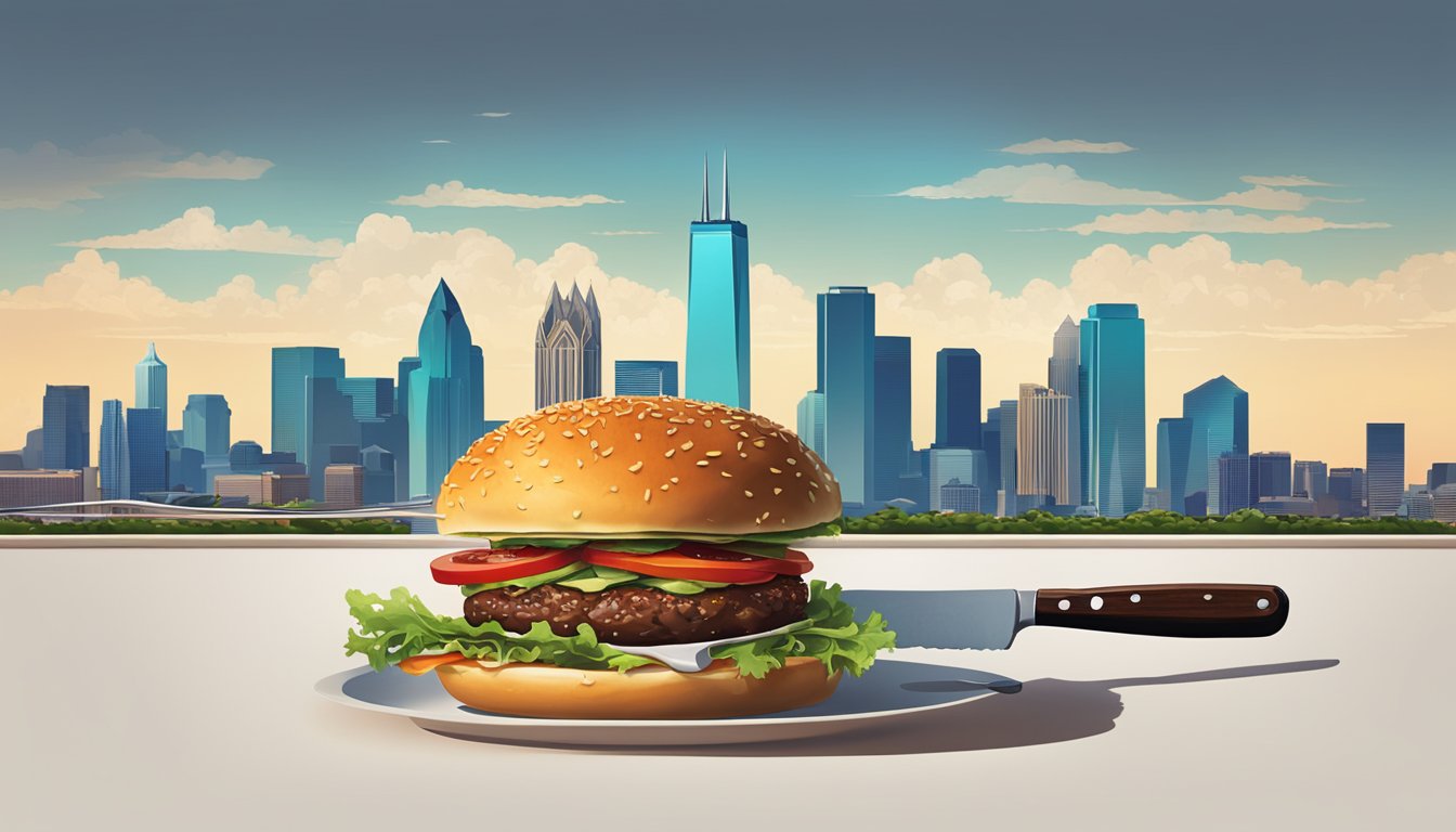 A sizzling burger topped with a sharp knife, set against a backdrop of the Dallas skyline